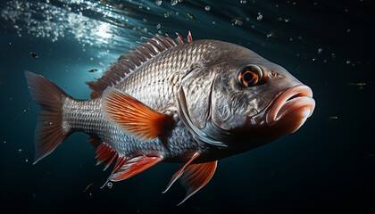 Fototapeta premium Underwater fish swimming in blue sea, close up of beauty generated by AI