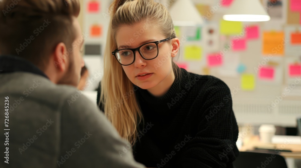 Poster man and woman sitting at table during graphic gui design brainstorming generative ai
