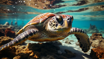 Fototapeta premium Turtle swimming in blue sea, surrounded by coral generated by AI