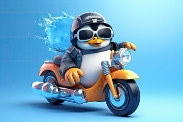 penguin on a motorcycle with balls on it, in the style of realistic and hyper-detailed renderings, soft-focus technique, thick texture, speed and motion, bright colors