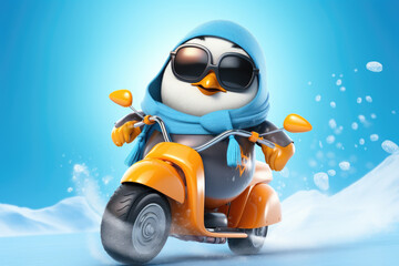 penguin on a motorcycle with balls on it, in the style of realistic and hyper-detailed renderings, soft-focus technique, thick texture, speed and motion, bright colors