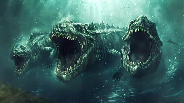 A group of mighty Liopleurodons hunting together their sharp teeth glistening as they stalk their prey through the murky waters.