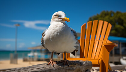 Seagull sitting on sand, looking at blue water, enjoying summer generated by AI