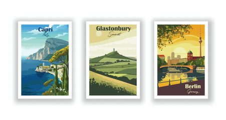 Berlin, Germany. Capri, Italy. Glastonbury, Somerset - Vintage travel poster. High quality prints.