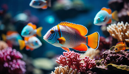 Naklejka na ściany i meble Vibrant underwater nature colorful fish swimming in coral reef generated by AI