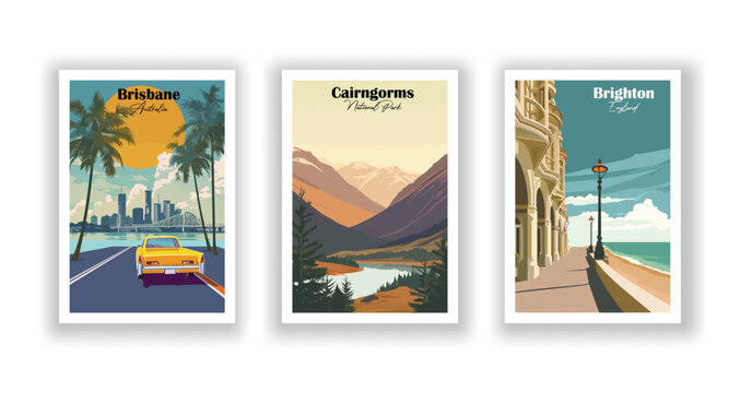 Brighton, England. Cairngorms, National Park. Brisbane, Australia - Vintage travel poster. High quality prints.