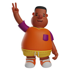  3D illustration of Big Boy 3D Cartoon with victory finger sign. showing a funny laughing expression. wearing an orange t-shirt. 3D Cartoon Character