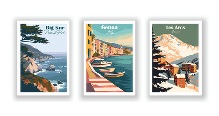 Big Sur National Park. Genoa, Italy. Les Arcs, France - Vintage travel poster. High quality prints.