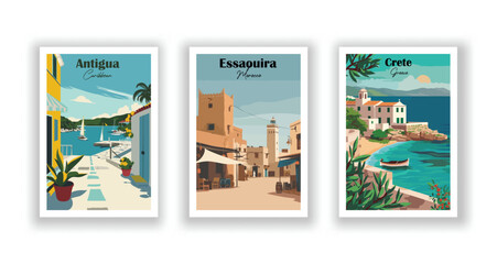 Antigua, Caribbean. Crete, Greece. Essaouira, Morocco - Vintage travel poster. High quality prints.