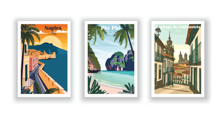 Naples, Italy. Phi Phi, Thailand. Santiago de Compostela, Spain - Vintage travel poster. High quality prints.