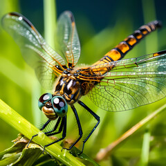 A close-up of a dragonfly on a blade of grass.