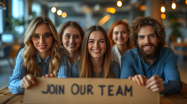 Group of Office Workers holding a sign that says “JOIN OUR TEAM” - recruitment - recruiting - appeal - attract talent - quirky charm - internship - Job posting - help wanted - hiring now 