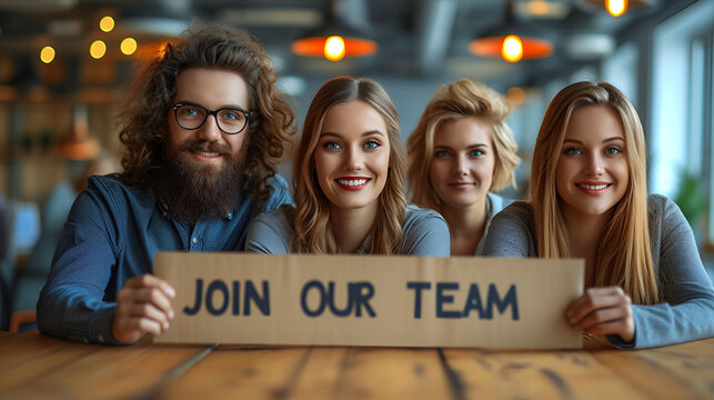 Group of Office Workers holding a sign that says “JOIN OUR TEAM” - recruitment - recruiting - appeal - attract talent - quirky charm - internship - Job posting - help wanted - hiring now 