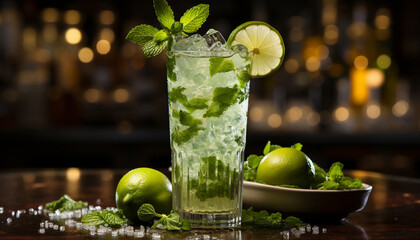 Refreshing mojito cocktail with mint leaf and citrus fruit garnish generated by AI - obrazy, fototapety, plakaty