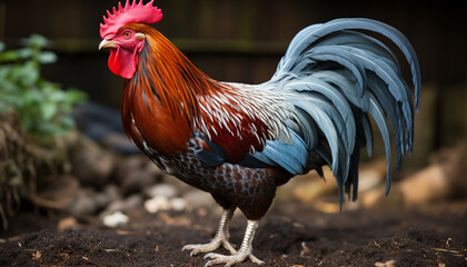 Majestic cockerel stands proud, pecking in the meadow, free range generated by AI