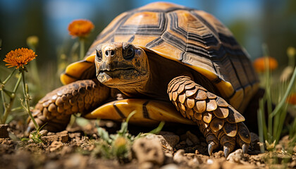 Naklejka premium A cute turtle crawls slowly in the green grass generated by AI