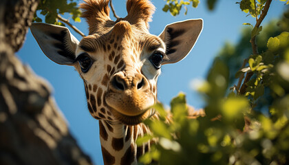Giraffe standing in nature, looking at camera, beautiful and cute generated by AI