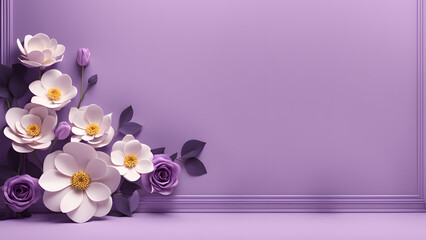 Fototapeta na wymiar 3D flower floral with purple pastel background. Cosmetic or beauty product background for woman's day and mother's day. Copy space floral mockup.