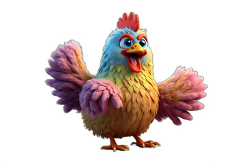 Fototapeta premium Whimsical Hen Delight: Colorful, Cute 3D Cartoon Character Dancing with Joy, Isolated on Transparent Background