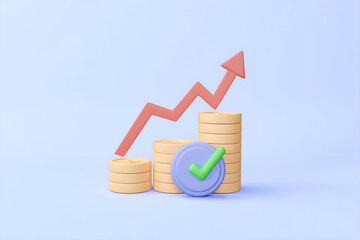 3D rendered illustration of business concept and finance investment including growth decorated with dollar gold coins with up arrow with information confirmation check mark.
