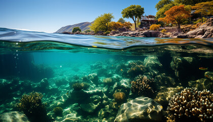 Underwater adventure fish swim below, coral reefs reveal beauty generated by AI