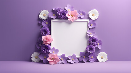 3D flower floral with purple pastel background. Cosmetic or beauty product background for woman's day and mother's day. Copy space floral mockup.