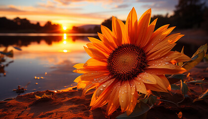 Sunflower, vibrant petals reflect sunset, nature beauty in rural meadow generated by AI