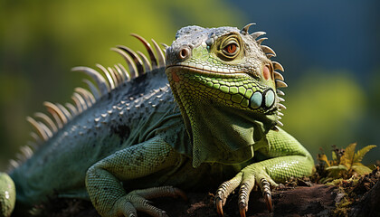 Fototapeta premium Large green iguana crawling on branch in tropical rainforest generated by AI