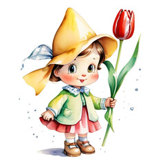 Cute girl and tulips Watercolor Clipart, TulipTales: Blooming Beauties Clipart Collection
