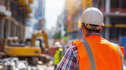 construction workers, engineer looking at building site bokeh style background