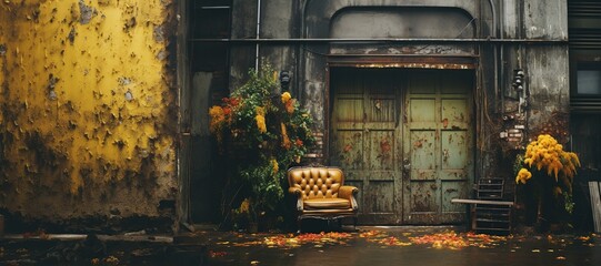 old abandoned factory and chair with yellow grunge wall - obrazy, fototapety, plakaty