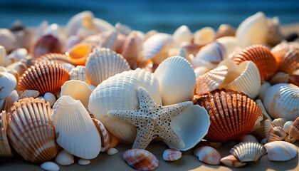 Abstract summer beauty in nature underwater, a large group of multi colored seashells generated by AI
