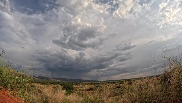 This brief timelapse captures the dynamic evolution and graceful dance of clouds across the beautiful African landscape of the Southern Kalahari