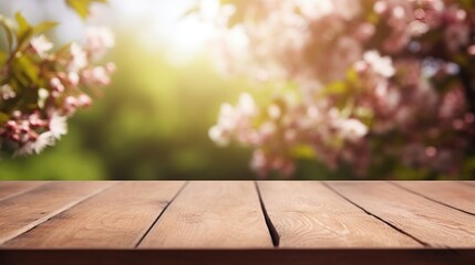 a wooden table with a blurred spring background and pink flowers and a place for text.