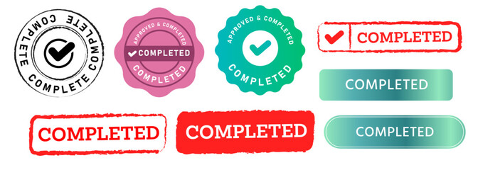 completed stamp button seal emblem sign finished success accomplishment process confirm - obrazy, fototapety, plakaty