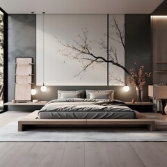 A bedroom with a minimalist Zen aesthetic. Picture a platform bed, clean lines, and a calming color palette.