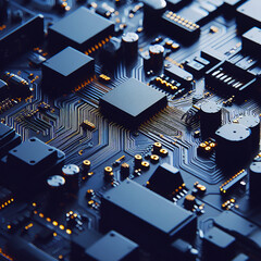 A close-up view of the complex pathways of a modern circuit board design - obrazy, fototapety, plakaty