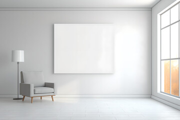 Empty white room with empty frame poster in white wall and chair , lamp , window ,modern interior  design ,  floor, mockup ,product , studio , room