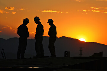 photo construction workers at sunset
