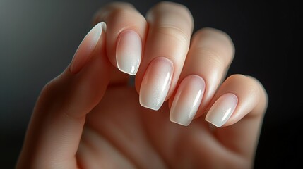 Woman hand with nude shades nail polish on fingernails. White nail manicure with gel polish at luxury beauty salon.