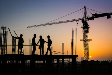 photo construction workers at sunset