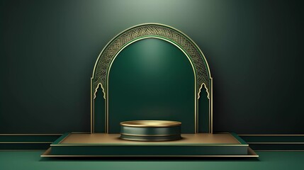 3d illustration of Luxury Islamic Podium with gold border, traditional Islamic window frame. Horizontal Arabic banner for product exhibition, green background. generative ai