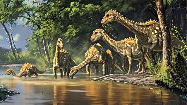 A group of Hadrosauruses gather at the waters edge using their ducklike beaks to scoop up water and filter out plants.