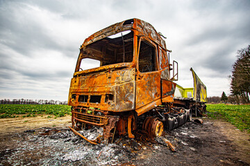 Serious truck accident in traffic. burnt truck, car fire
