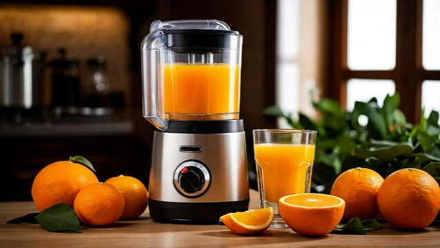 Aparato exprimidor electr&oacute;nico junto a un vaso con zumo de naranja y a unas naranjas sobre una mesa en una cocina