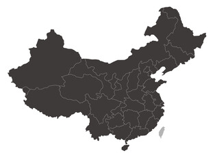 中国と台湾のシンプルな地図、省（市・区）の境界線入り、モノクロ