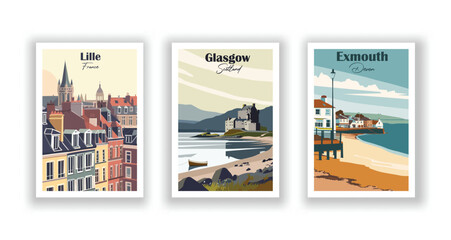 Exmouth, Devon. Glasgow, Scotland. Lille, France - Vintage travel poster. High quality prints.