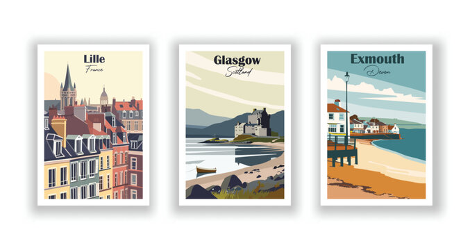 Exmouth, Devon. Glasgow, Scotland. Lille, France - Vintage travel poster. High quality prints.