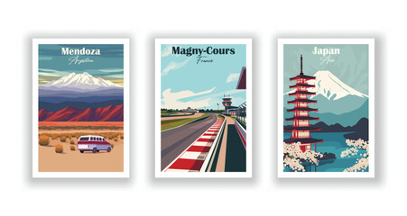 Japan, Asia. Magny-Cours, France. Mendoza, Argentina - Vintage travel poster. High quality prints