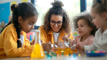 Female teacher teaches science experiments to kindergarten children in the classroom. Generative AI.